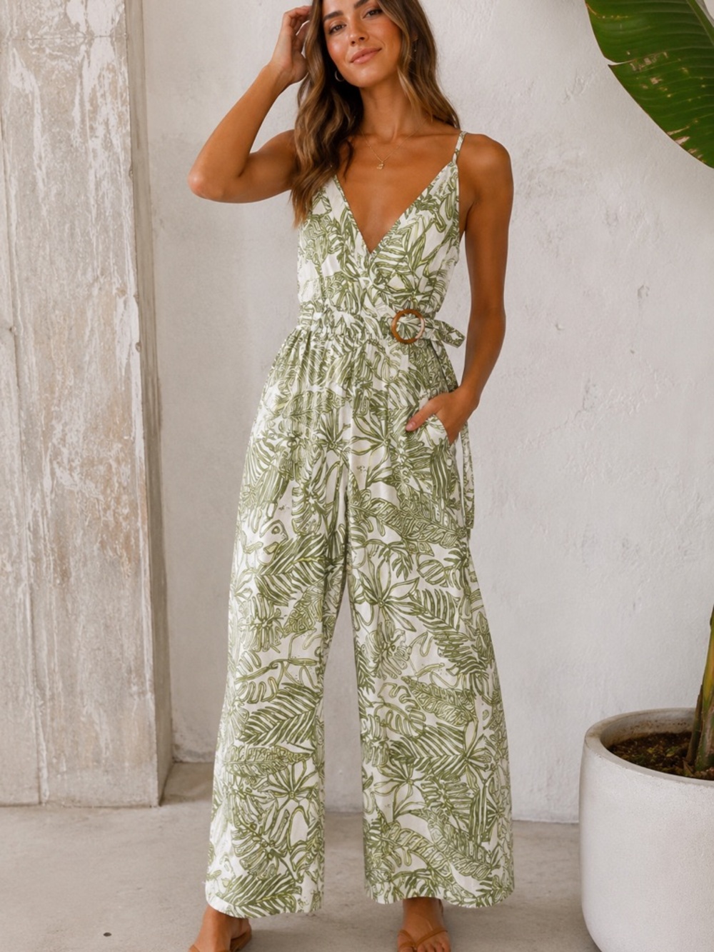 Sincerely Jules Tropical Palm Print Wide Leg Jumpsuit XS Coastal Resort Boho